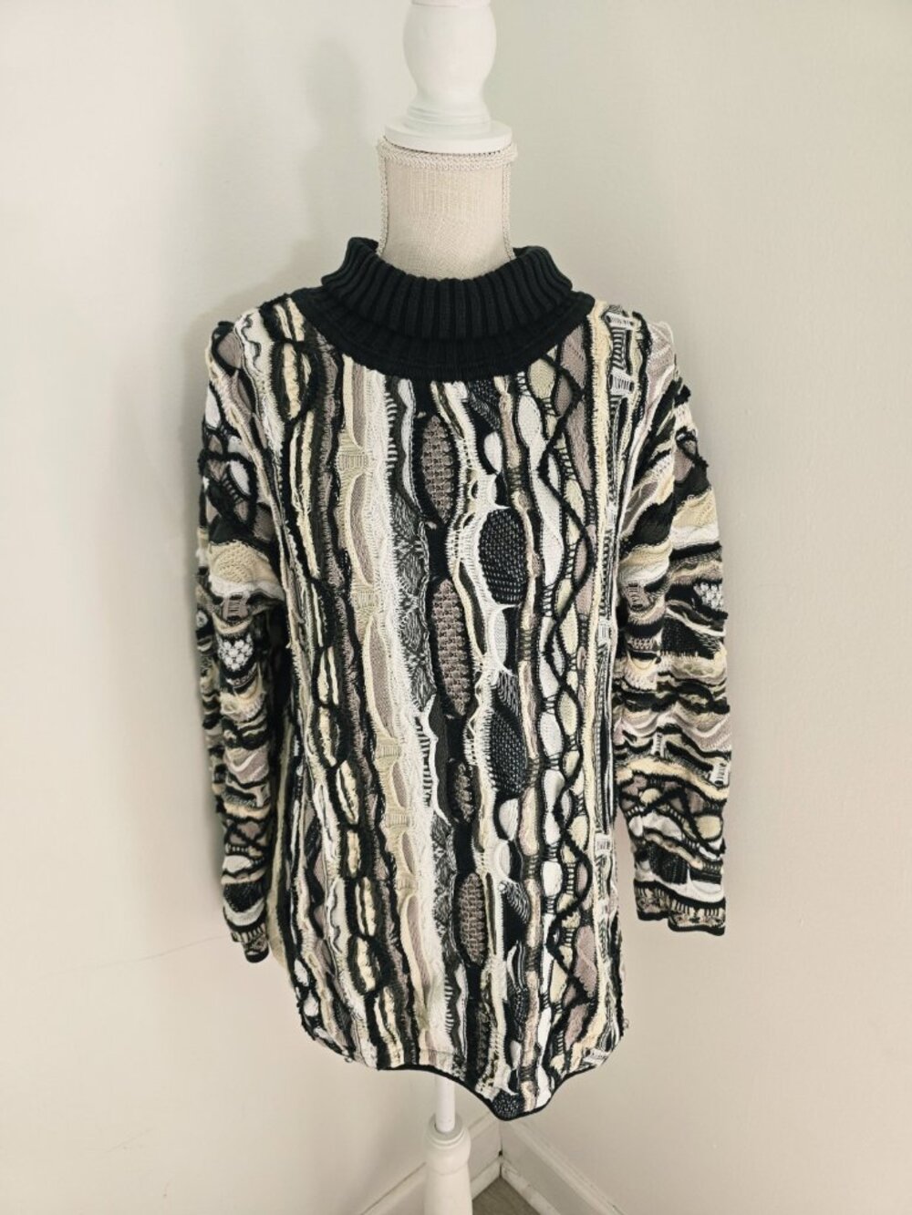Coogi Vintage 90s 3D Knit Turtleneck Cotton Neutral Abstract Sweater S Womens